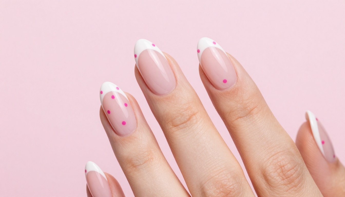 elegant almond shaped pink polka dot nails