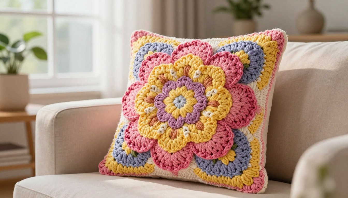 crochet flower pillow