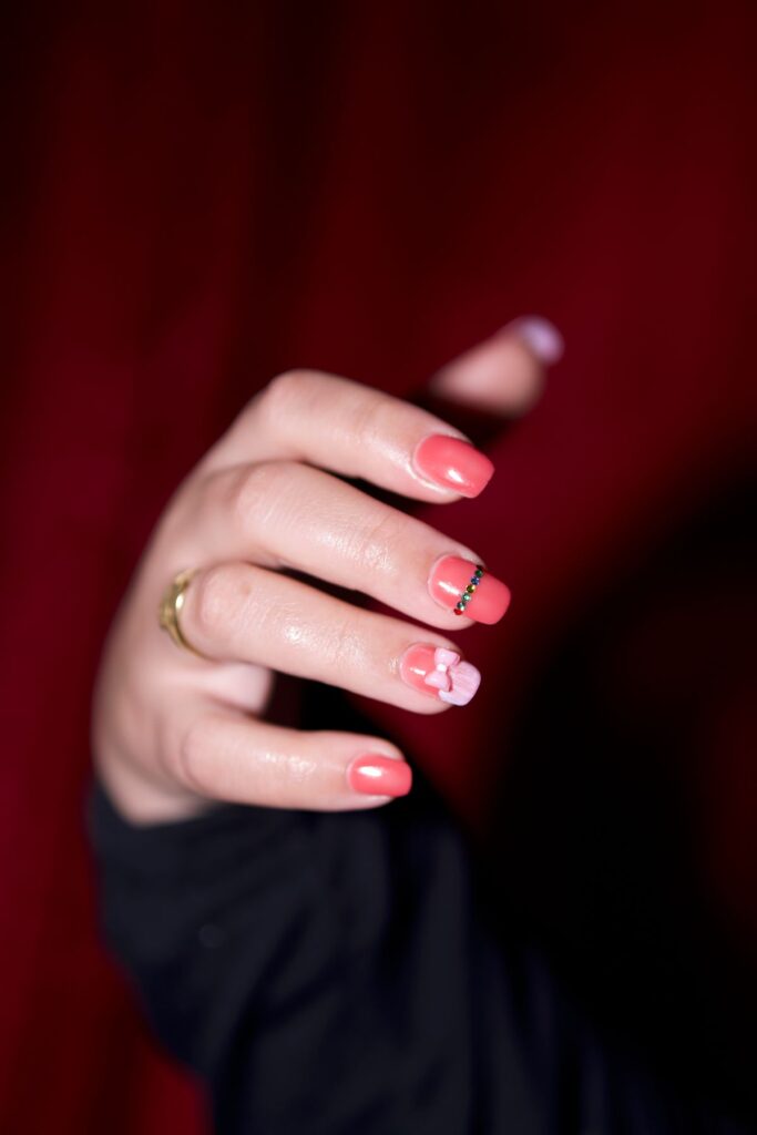 Close up of elegant manicured nails with floral design