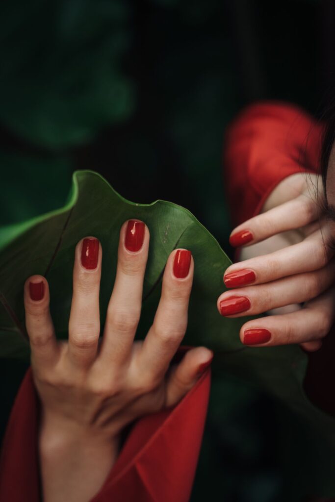 Close up photo of person with red manicured nails touching a green leaf