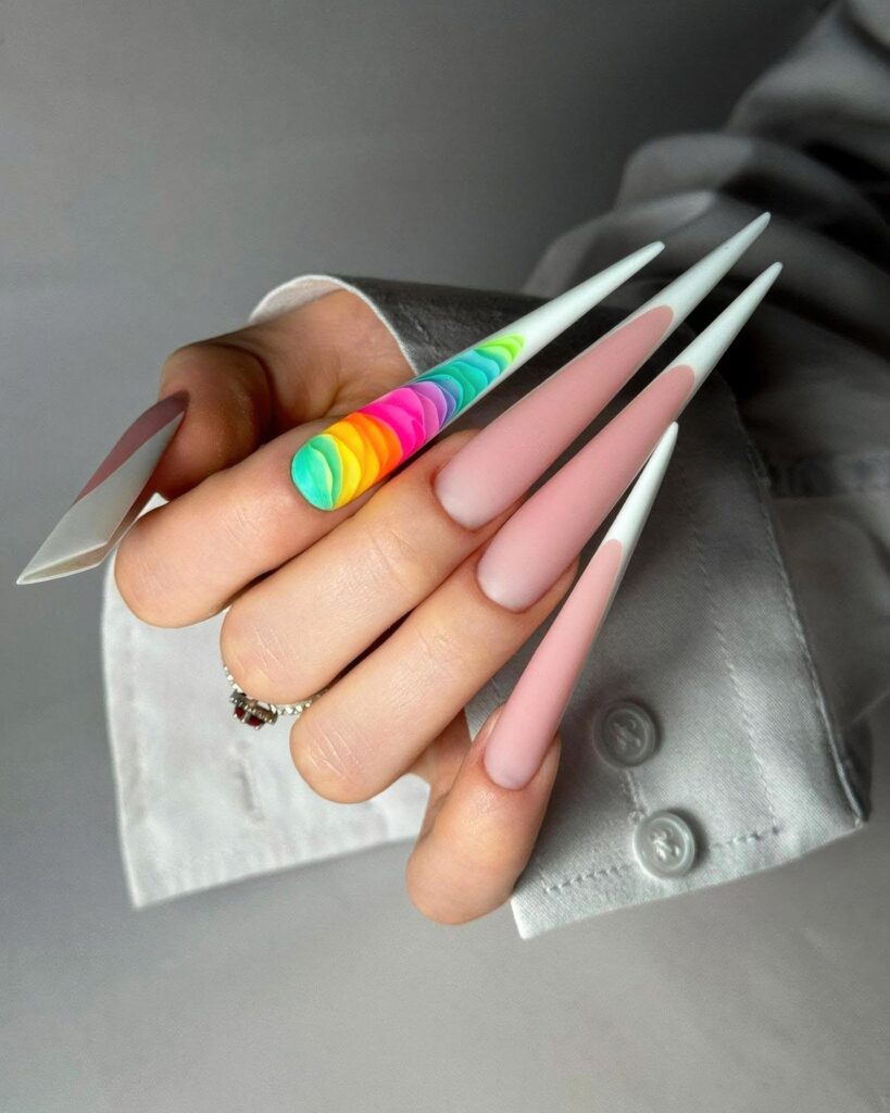 Vibrant stiletto nail art design close up